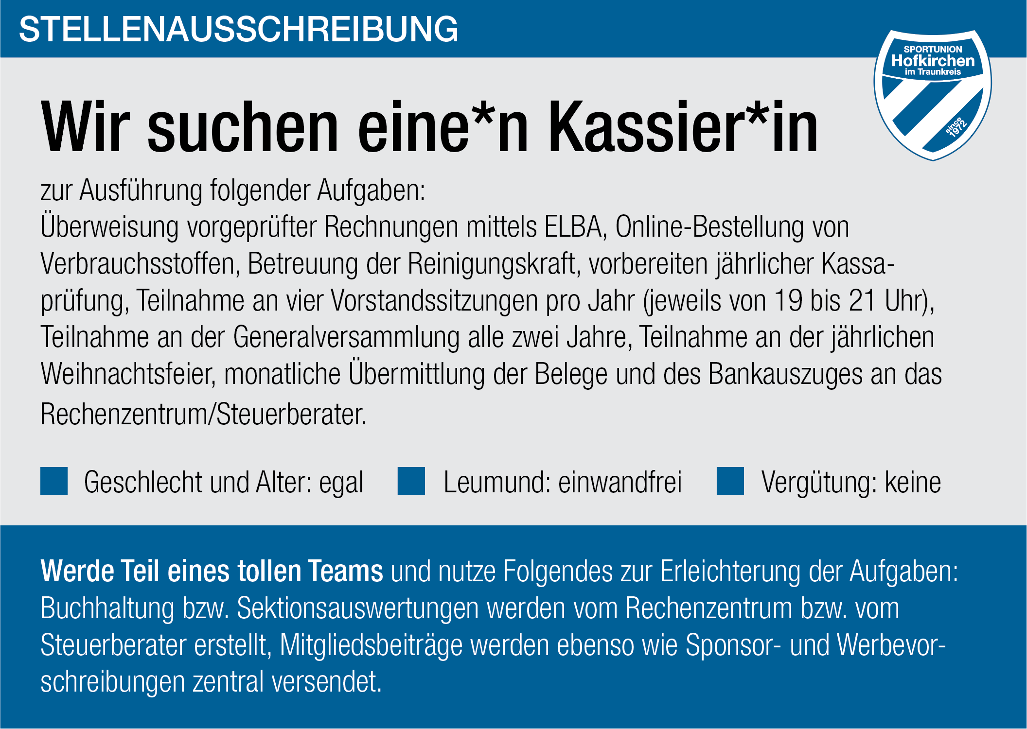 Stellenausschreibung Kassierin SU Hofkirchen