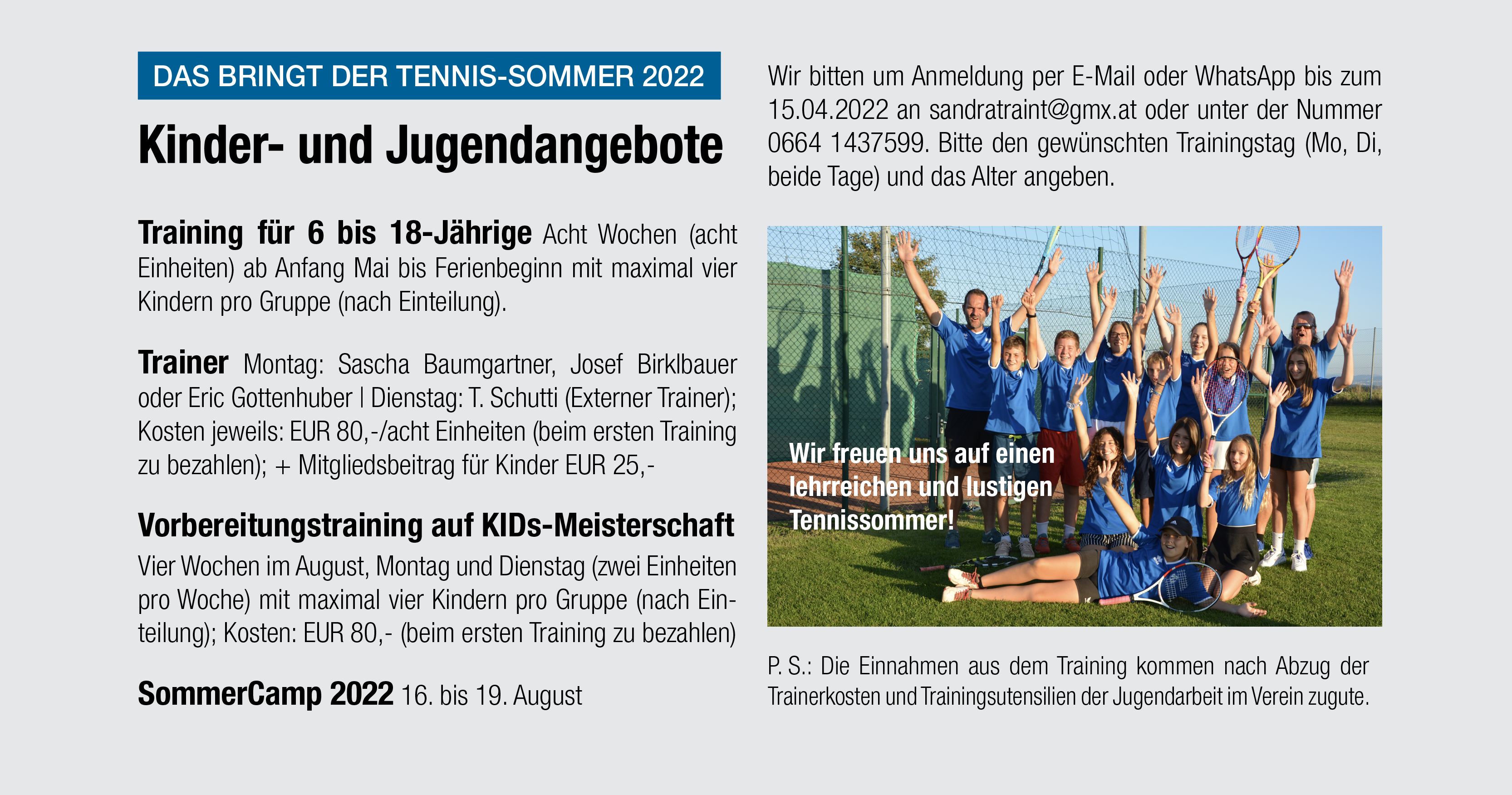 SU Hofkirchen - Sektion Tennis - Info zum Training 2022